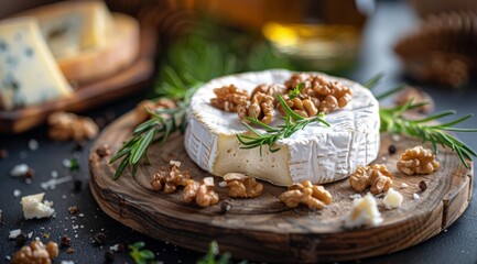A Creamy Brie Wheel With Walnuts and Mint on a Wooden Board