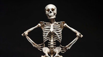 Eye-level angle of a human skeleton, striking a strong superhero pose with fists on hips, isolated on a black background