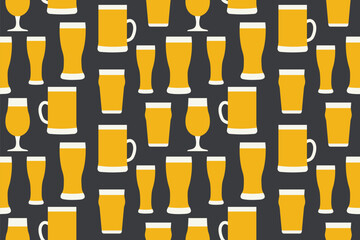 seamless pattern with different beer glasses; perfect for wrapping paper, bar or pub menus, apparel, marketing materials for beer festivals or breweries- vector illustration