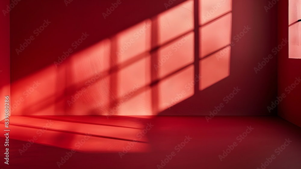 Poster an empty red room with window shadows in a minimalist style background for product advertisement
