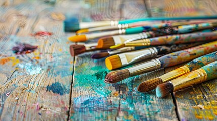 Obraz premium Used Paintbrushes on Colorful Wooden Surface.