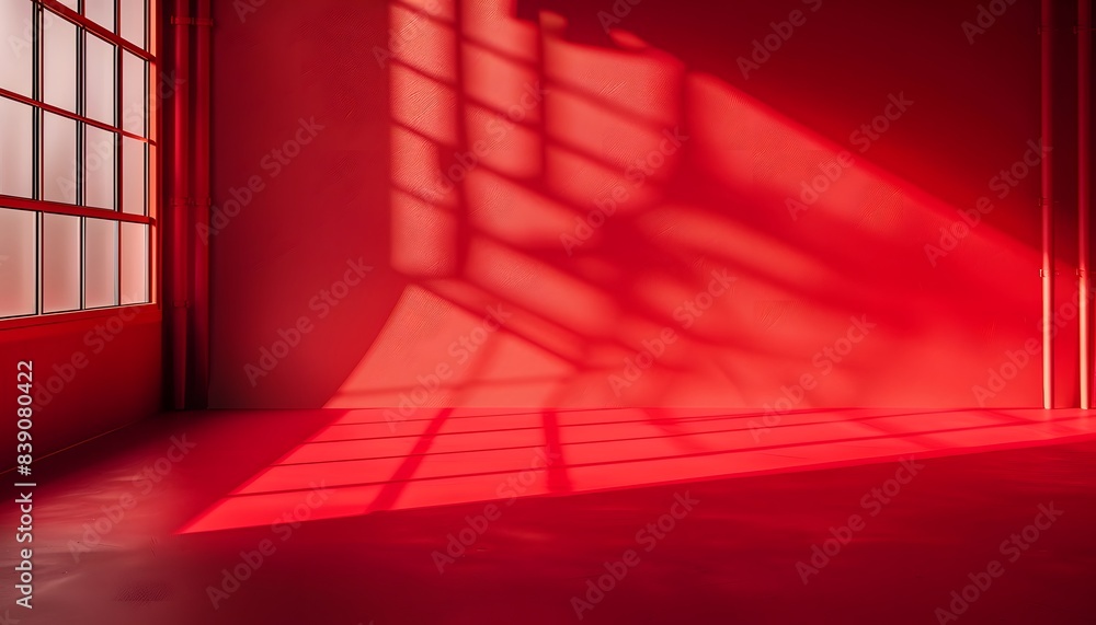 Poster an empty red room with window shadows in a minimalist style background for product advertisement