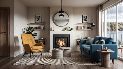 Fototapeta premium a living room with a fireplace, couch, and a table with a lamp on it.