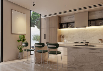 Minimal kitchen with island table, beige color and wood slate, 3d illustration render