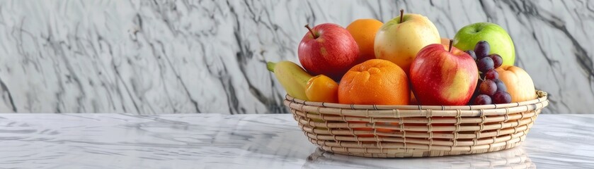 A stylish wicker basket filled with various rotten fruits, positioned on a marble countertop, minimalistic background, natural lighting, perfect for modern visuals on food spoilage
