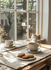 Two Cups of Coffee and Cookies on a Striped Napkin on a Wooden Table