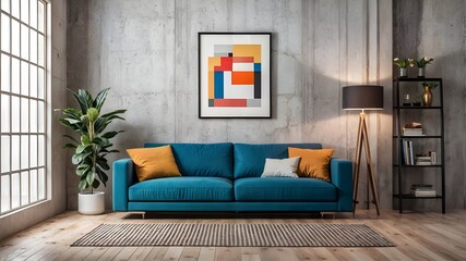 a living room with a couch and a painting on the wall