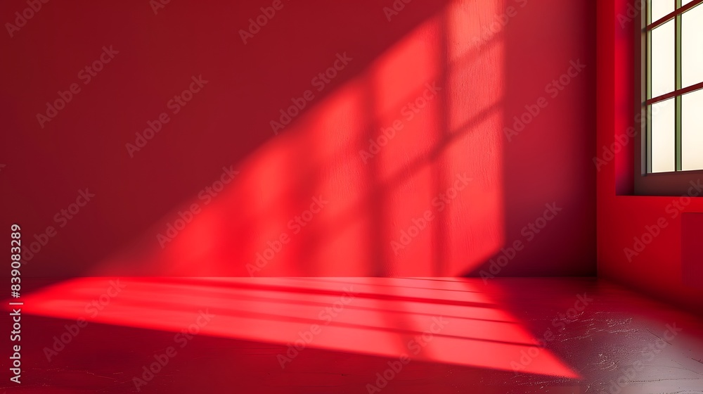 Aufkleber an empty red room with window shadows in a minimalist style background for product advertisement