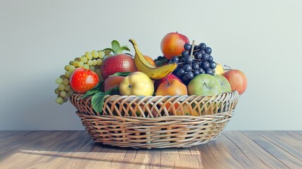 A large basket containing a variety of fresh fruits, placed on a wooden floor with a neutral background, vibrant and detailed, great for home decor and interior design themes