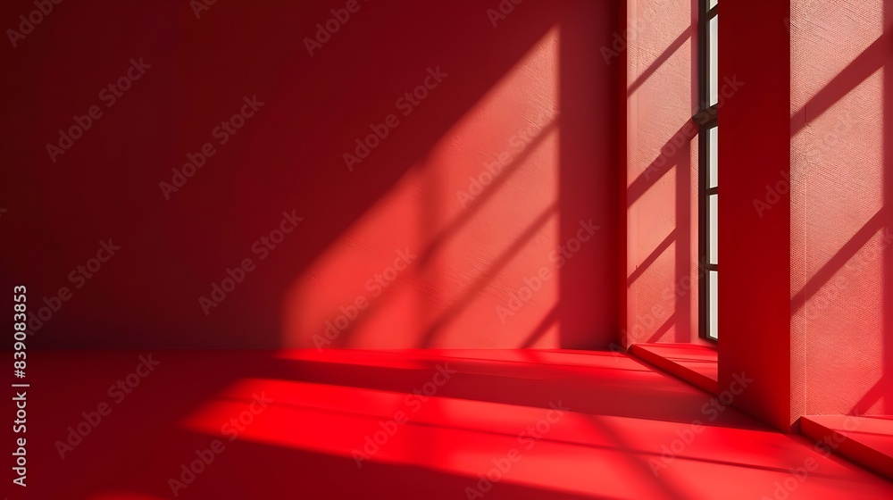 Aufkleber an empty red room with window shadows in a minimalist style background for product advertisement