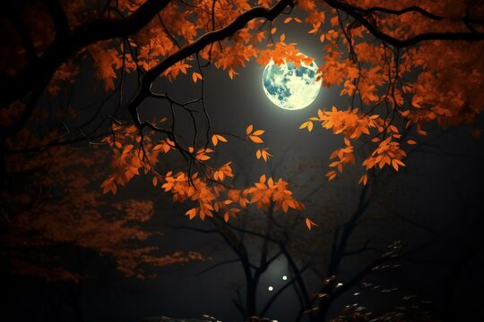 Mystical and enchanted full moonlight in an autumn forest with vibrant leaves and nocturnal glow