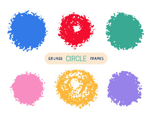 Colorful hand drawn grunge doodle charcoal, chalk brush circle frames. Graffiti style colored round borders. Spray paint effect. Vector illustration