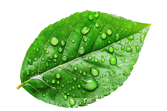 Green leaf with water drops isolated on transparent background