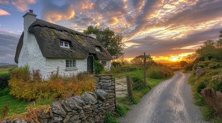 Charming Thatched Cottage With Twilight Sky and Winding Road