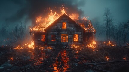 A burning building at night. The house on fire. 
