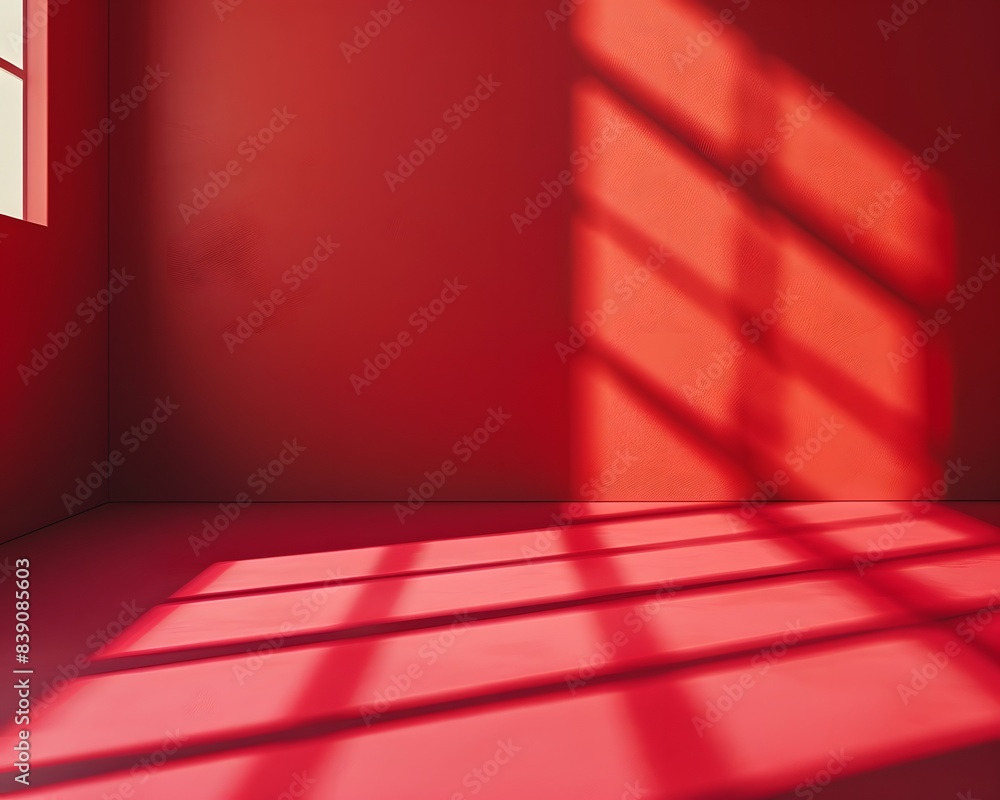 Aufkleber an empty red room with window shadows in a minimalist style background for product advertisement