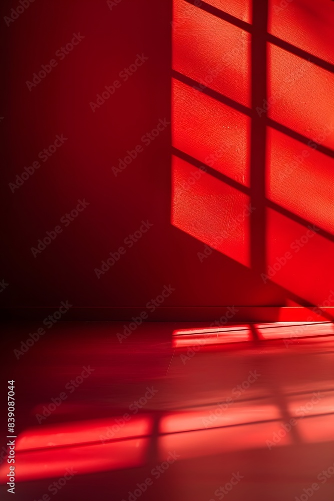 Poster an empty red room with window shadows in a minimalist style background for product advertisement