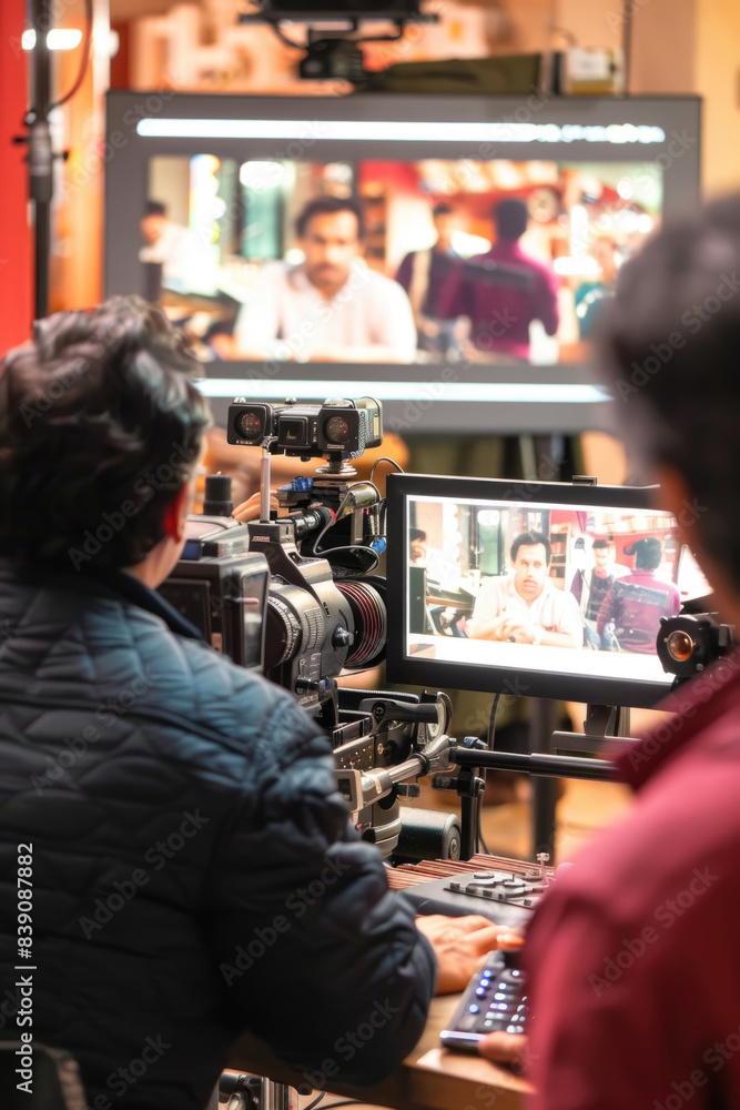 Poster a filmmaker edits footage on a computer, with a large monitor displaying the scene being edited and 