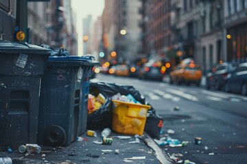 Naklejka premium Urban Waste Management Crisis: Overflowing Garbage Bins on City Street