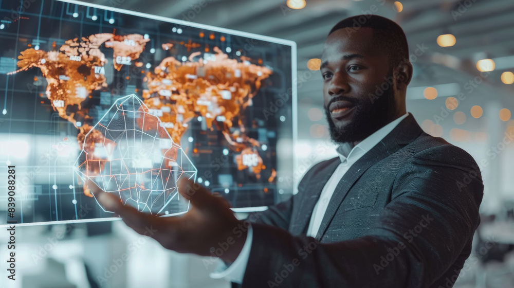 Aufkleber a businessman wearing a suit gestures towards a large interactive screen displaying a world map with