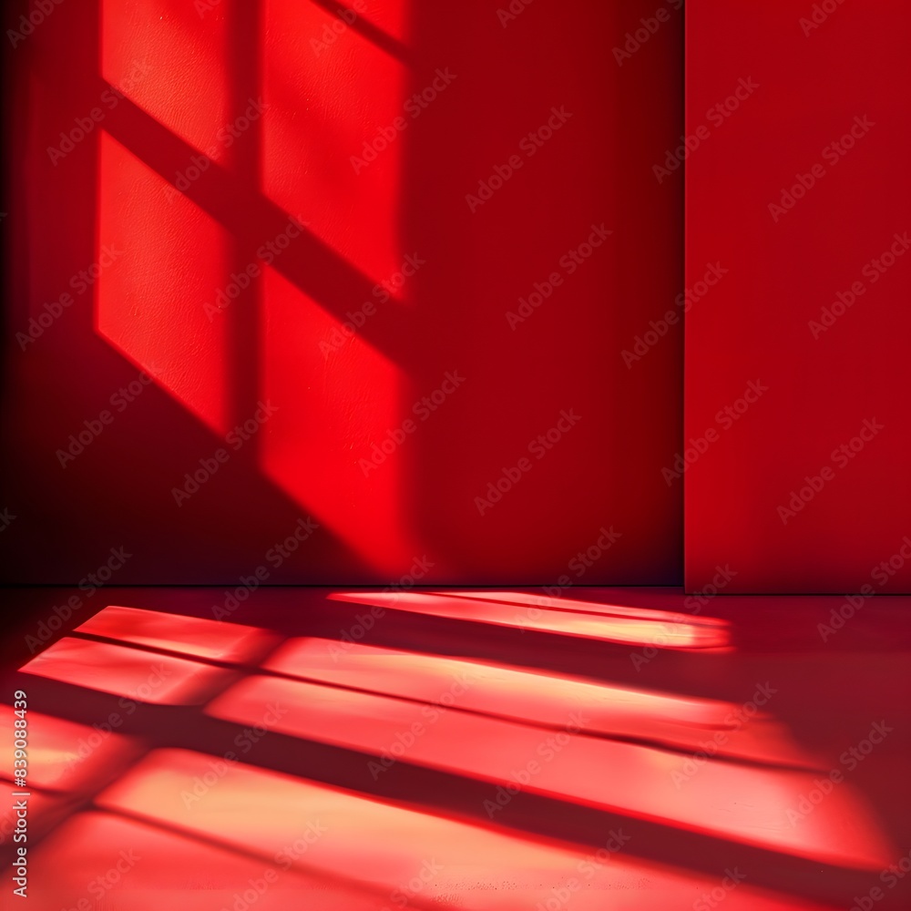 Poster an empty red room with window shadows in a minimalist style background for product advertisement