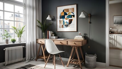 a framed art print hangs on a wall above a desk.