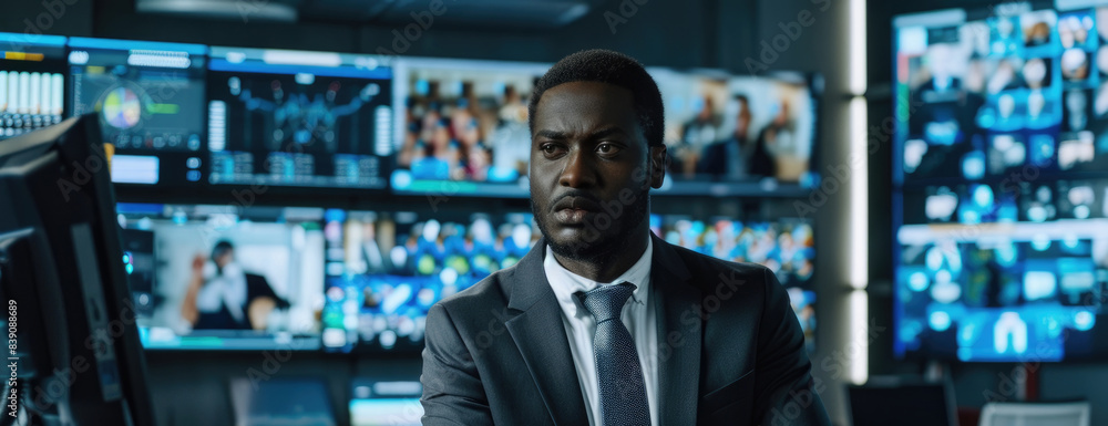 Poster a man in a suit sits in front of a wall of security screens, monitoring the activity within the cont