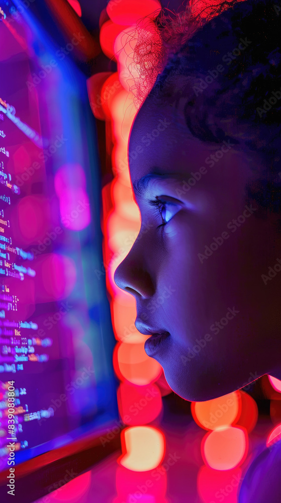 Poster a close-up shot of a womans profile as she looks at computer code on a screen in a dark room