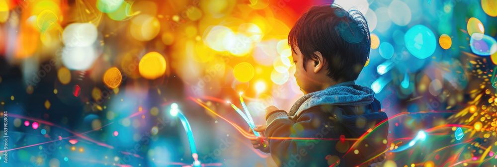 Poster a young child plays with colorful light strings against a blurred background of bright bokeh lights