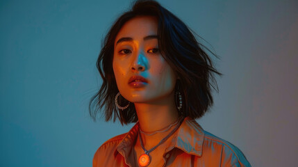Fototapeta premium A woman with short black hair poses in front of a blue and orange light