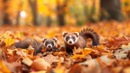 A pair of playful ferrets frolicking in a pile of autumn leaves, tails entwined in mischief.