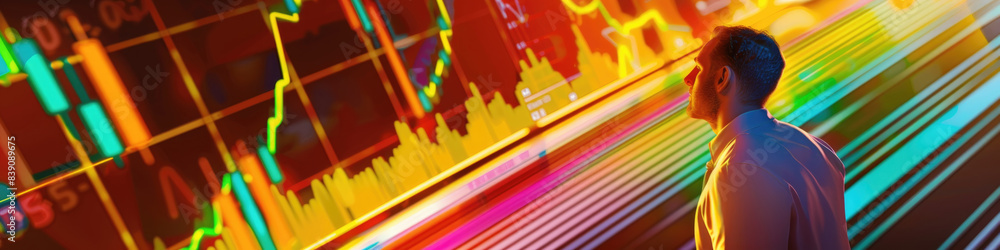 Aufkleber a man observes a large screen displaying stock market data, analyzing trends and patterns