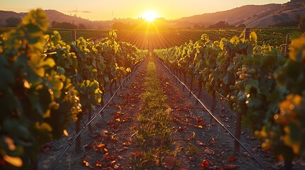 Picturesque vineyard with rows of grapevines laden with ripe grapes, under a golden sunset.

