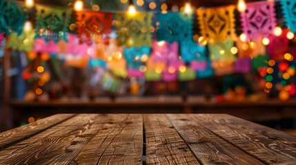 Long shot of an empty rustic wooden table, vibrant Mexican party backdrop with colorful papel picado banners, warm bokeh lights in the background, space open for product placement, festive, inviting