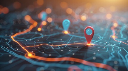 Futuristic GPS Navigation Map with Location Pins and Glowing Pathways in Digital Interface