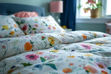 neatly made bed with floral bedding, featuring colorful flowers and fruit on a light blue background