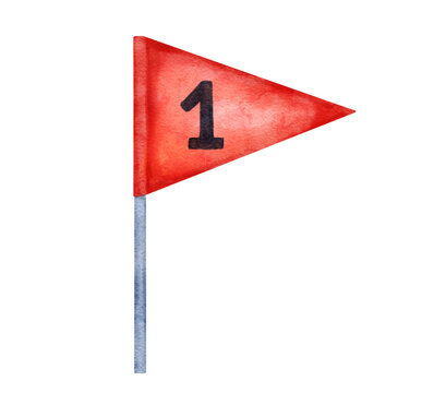Watercolor triangle red flag with number one. Hand drawn graphic drawing on isolated background.