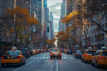 View of a big city with skyscrapers and taxis