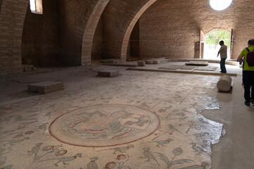 Mosaico bizantino de la iglesia de los Apóstoles en la ciudad de Madaba, Jordania.Mosaico...