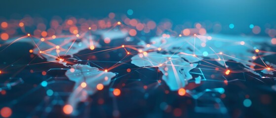 A detailed digital illustration depicting the global business structure of networking The image features interconnected nodes and lines representing data exchange