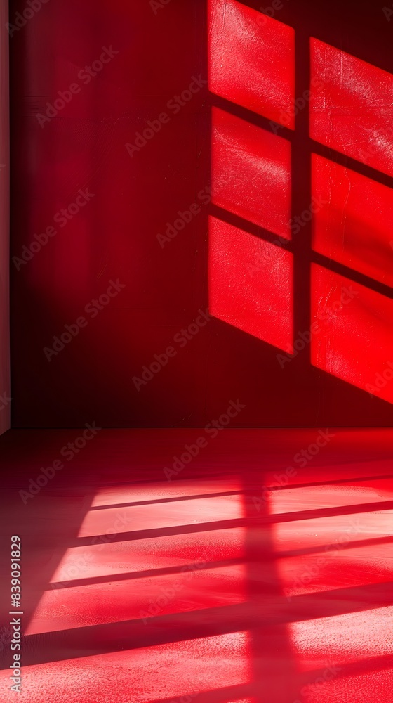 Poster an empty red room with window shadows in a minimalist style background for product advertisement