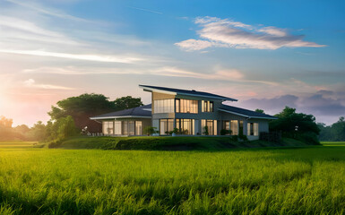 Fototapeta premium Modern Home in Lush Green Landscape at Sunset