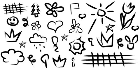 Set cute Doodle Scribble childish element isolated white background. Scribble sun flower grid. Minimalism brush drawing vector aesthetic.