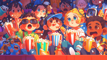 group of people with pop corn in cinema, children cartoon book style