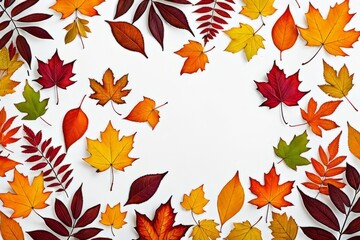 Obraz premium Bright autumn leaves in the form of a wedge on a white background. Autumn background in the form of a frame.