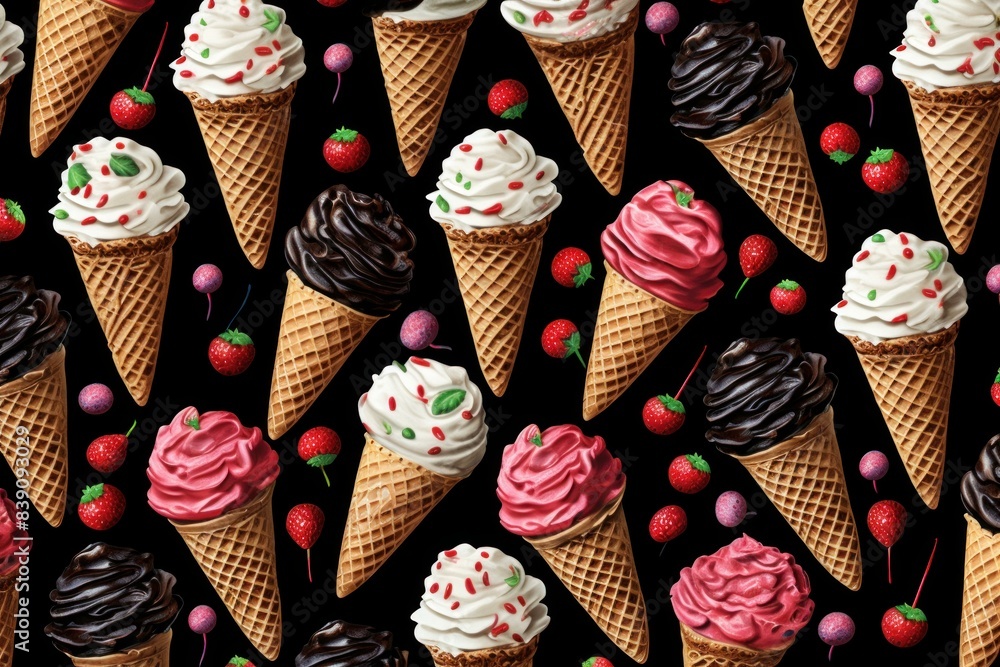 Poster seamless pattern of various ice cream cones with toppings on a black background