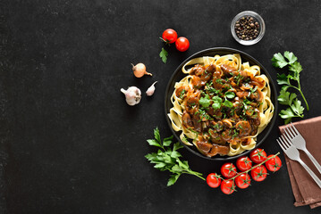  Homemade tasty beef stroganoff with mushrooms and pasta