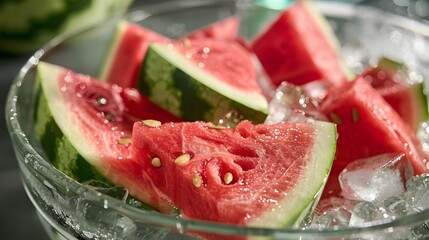 A bowl of watermelon slices with ice cubes