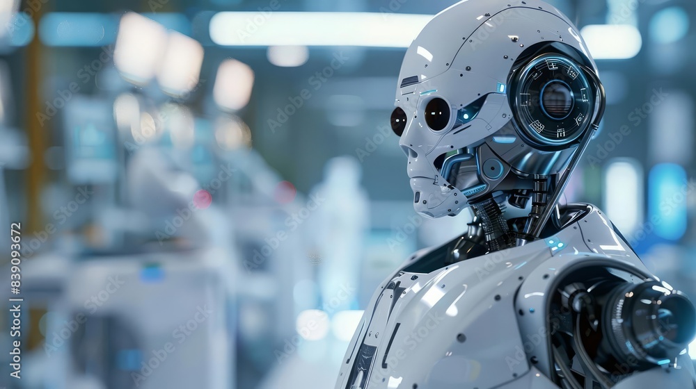 Poster a highly detailed 3d render of an ai robot in a modern medical setting