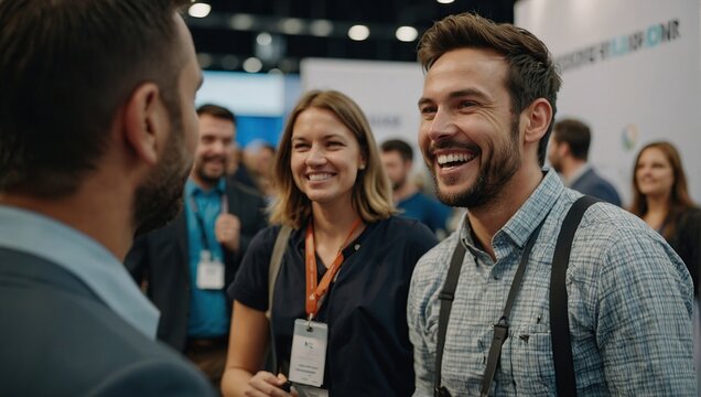 Close up picture of a happy and laughing staff or participant people group listening to a startup business owner at a trade show exhibition event